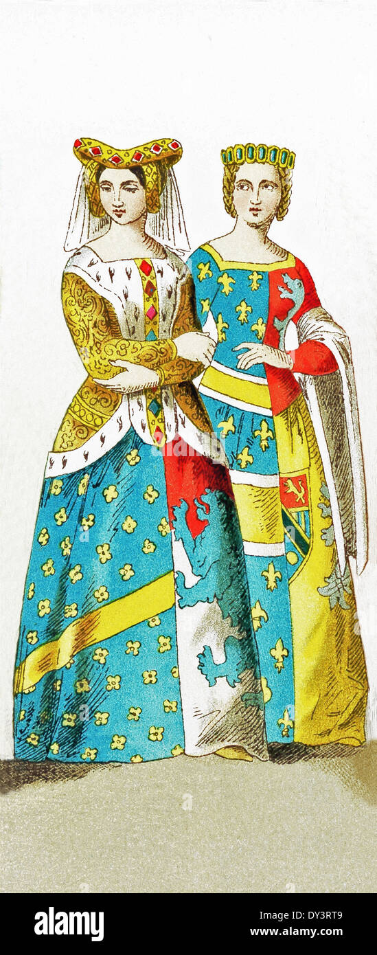 Le figure rappresentano le donne francesi intorno al 1100. Essi sono, da sinistra a destra: una signora di rango e una principessa. Foto Stock