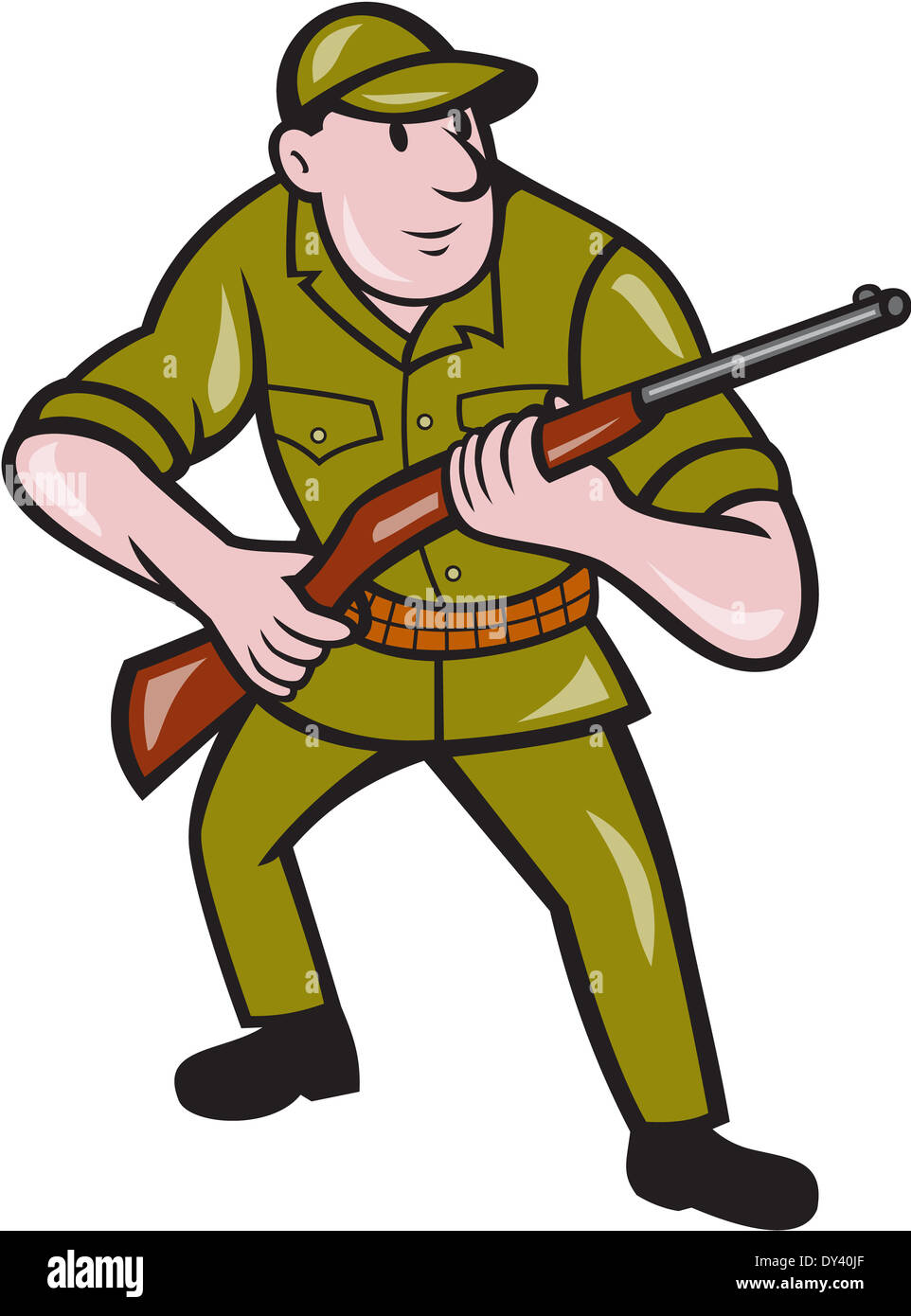 Illustrazione di un cacciatore portando fucile rivolto verso la parte anteriore su sfondo isolato fatto in stile cartoon. Foto Stock