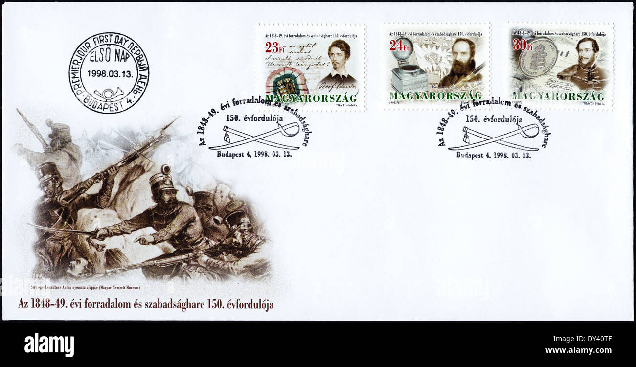 Prima commemorative day cover Ungheria francobolli centocinquantesimo anniversario della Rivoluzione di Marzo 1848 - 1849 con timbro postale Budapest 13 maggio 1998 Foto Stock