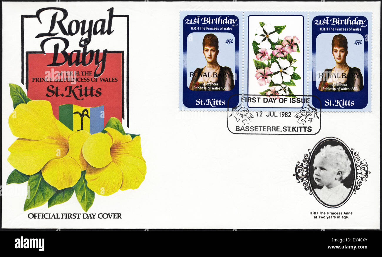 Prima commemorative day cover St Kitts francobolli ventunesimo compleanno di S.A.R. la Principessa di Galles sovradipinta ROYAL BABY sulla nascita del principe William con timbro postale Basseterre St Kitts 12 Luglio 1982 Foto Stock