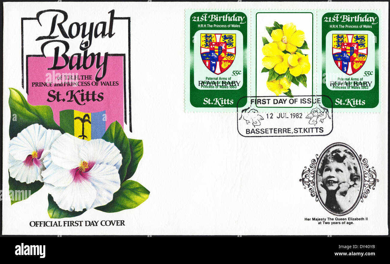 Prima commemorative day cover St Kitts francobolli ventunesimo compleanno di S.A.R. la Principessa di Galles sovradipinta ROYAL BABY sulla nascita del principe William con timbro postale Basseterre St Kitts 12 Luglio 1982 Foto Stock