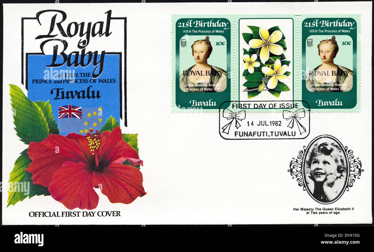 Prima commemorative day cover Tuvalu francobolli ventunesimo compleanno di S.A.R. la Principessa di Galles sovradipinta ROYAL BABY sulla nascita del principe William con timbro postale Funafuti Tuvalu 14 Luglio 1982 Foto Stock