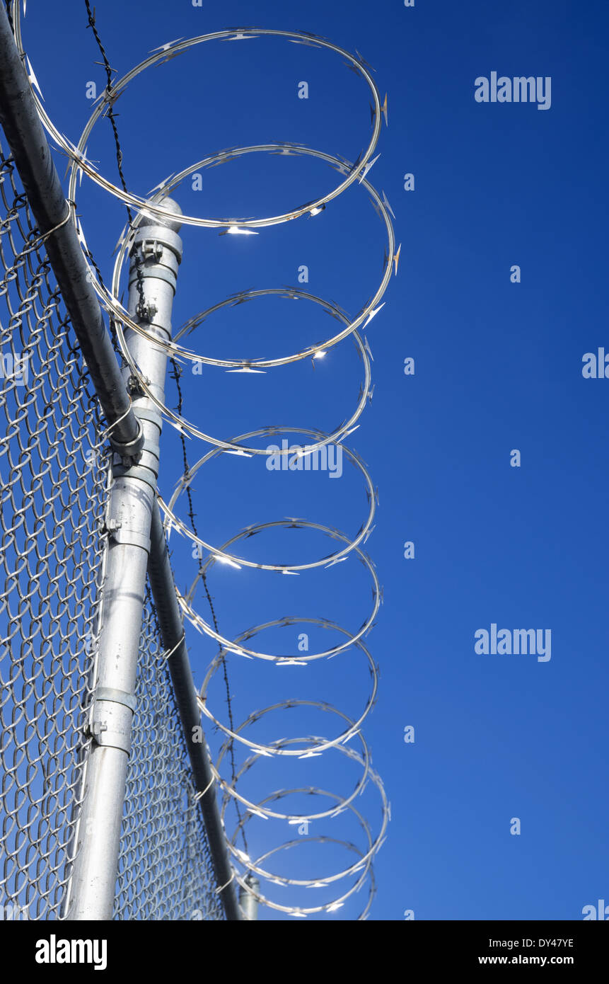 Filo spinato e rabboccato maglia metallica recinto con cielo blu Foto Stock