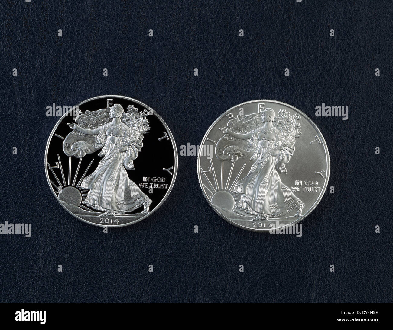 Primo piano di una prova e che non circola American Eagle Silver Dollar monete affiancate sul blu scuro titolare di vinile Foto Stock