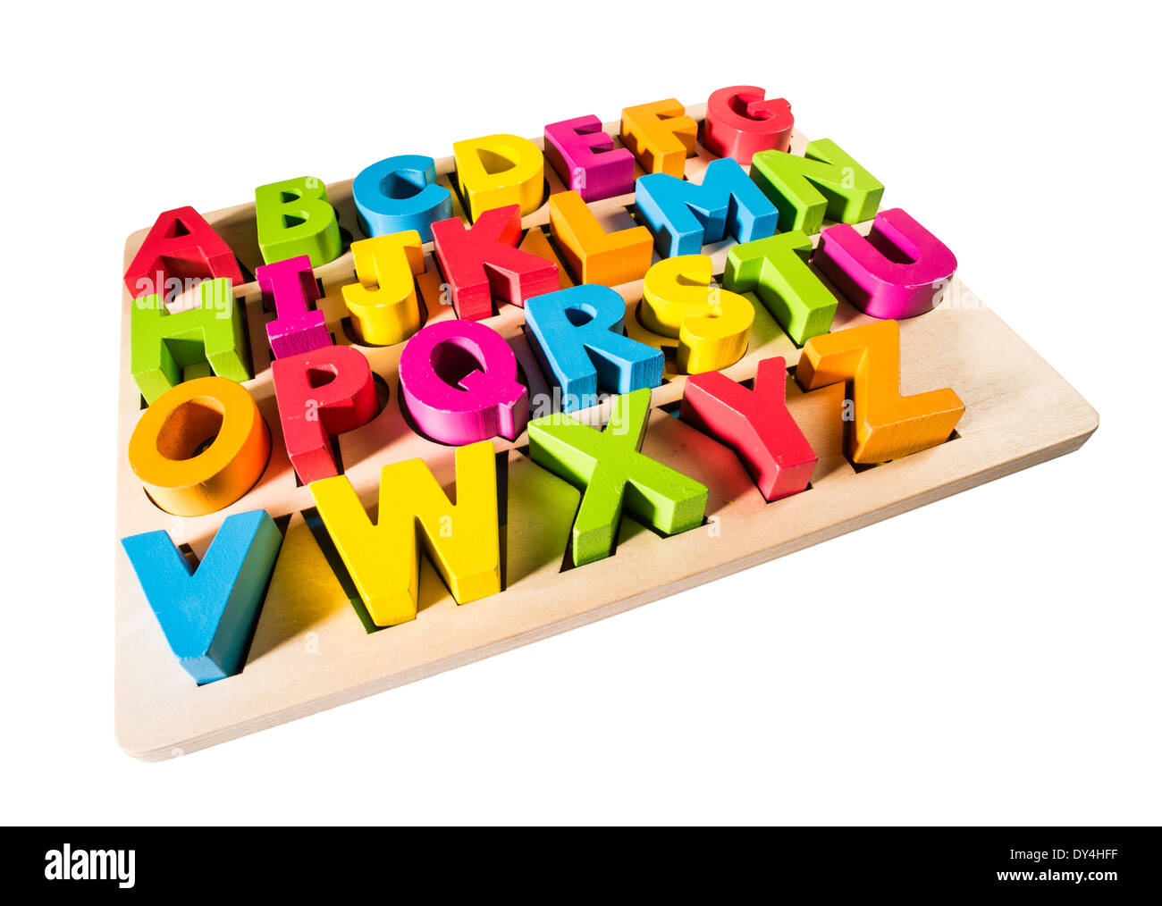 Alfabeto latino multicolore lettere in legno Foto Stock
