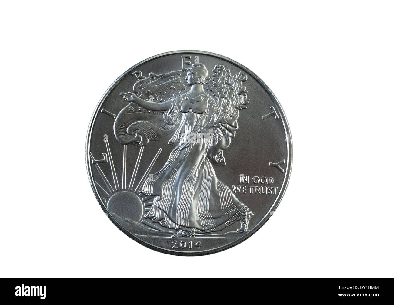 Primo piano di una condizione non circola American Eagle Silver Dollar isolato su bianco Foto Stock