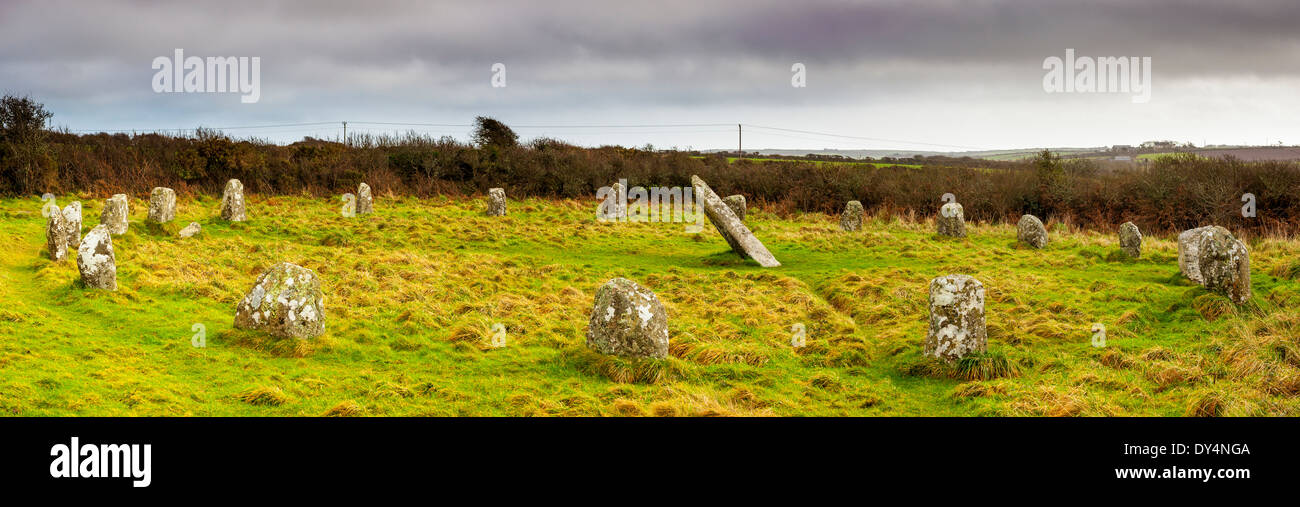 Boscawen-Un un cerchio di pietra vicino a St Buryan Cornwall Inghilterra risale all'età del bronzo. Foto Stock