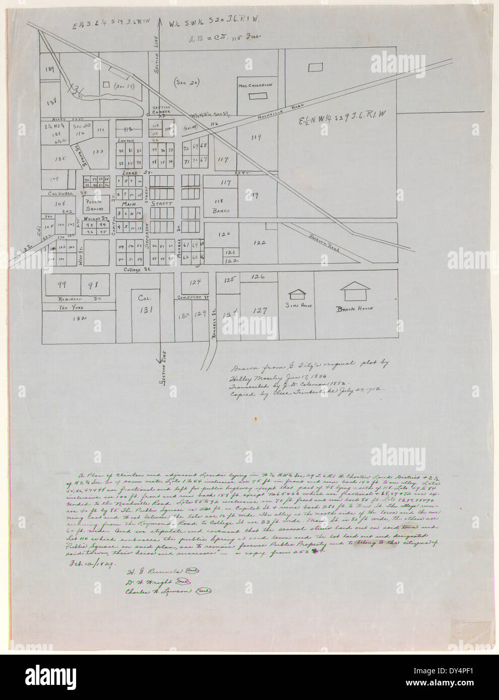 Un piano storico che raffigura la disposizione di Clinton, Mississippi e le terre circostanti, fornendo informazioni sullo sviluppo iniziale dell'area. Foto Stock