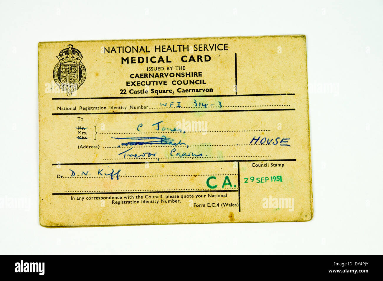 Il vecchio Servizio Sanitario Nazionale Medical Card. Foto Stock