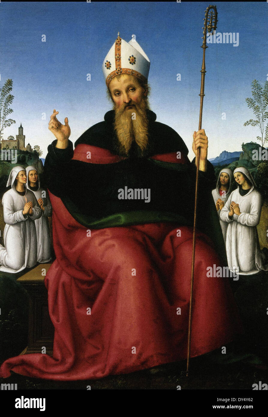 Pietro Perugino di Sant Agostino e quattro membri di una Fraternità Foto Stock