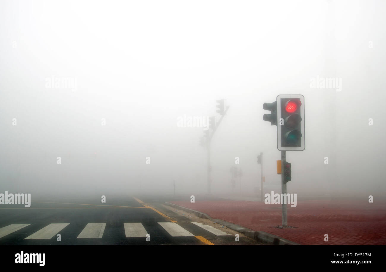 La nebbia in Dubai road. Segnale rosso è acceso. Foto Stock