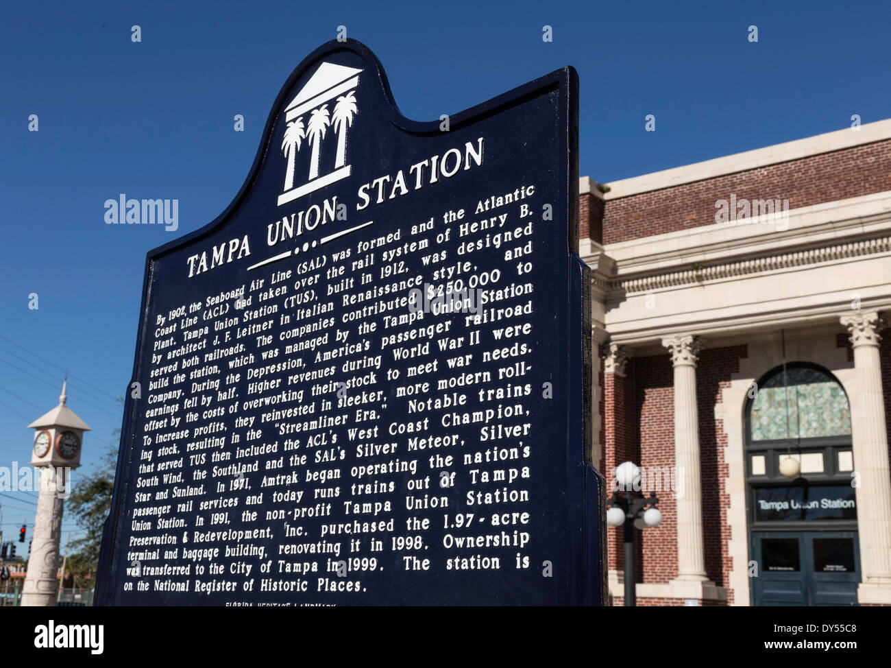 Marcatore storico segno, Tampa Union Station, Tampa, FL, Stati Uniti d'America Foto Stock