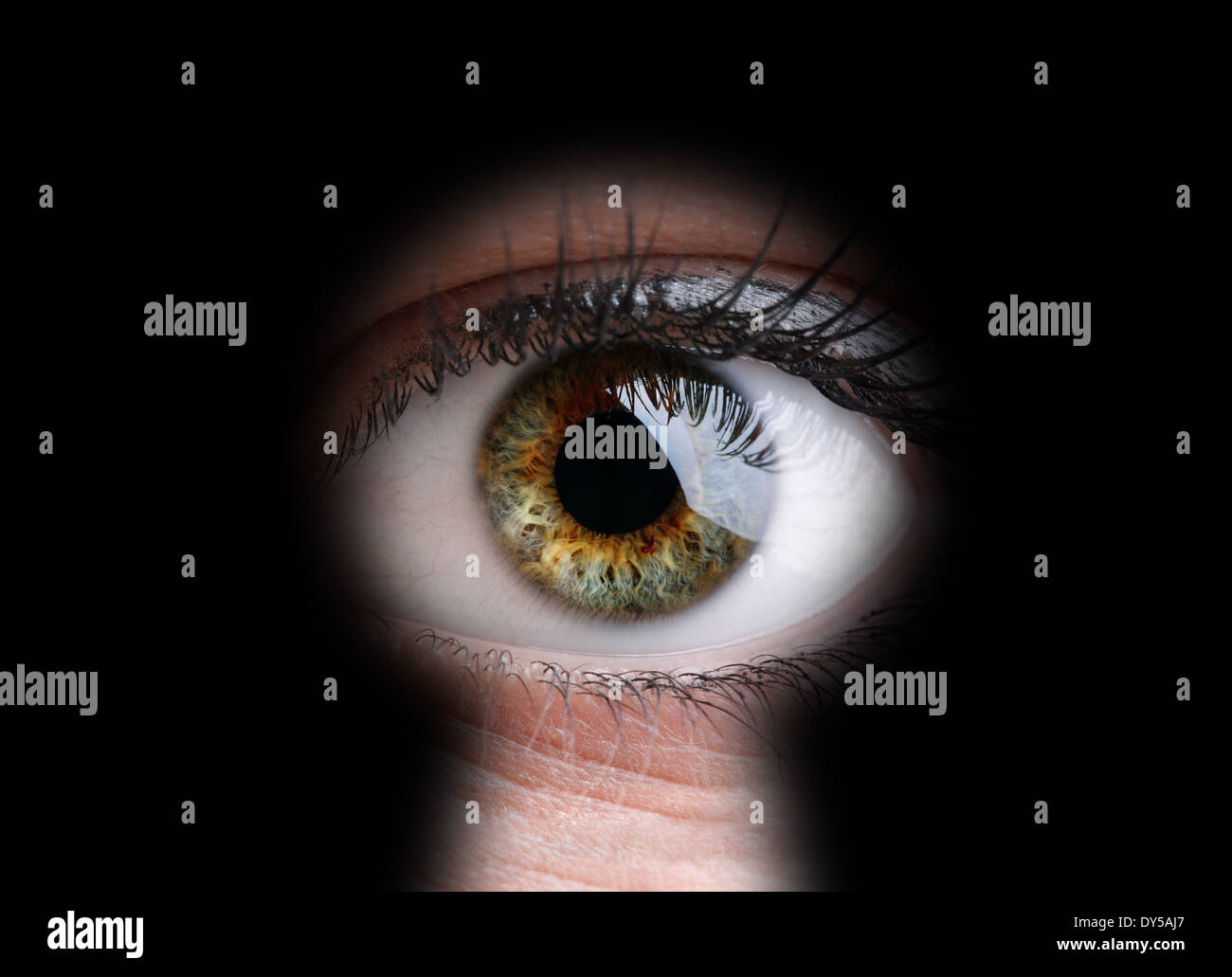 Occhi di donna spiata attraverso il buco della serratura concetto per curiosità, stalker, la sorveglianza e la sicurezza Foto Stock