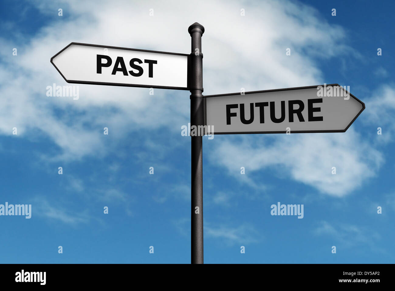 Cartello con il passato e il futuro scelte di direzione Foto Stock