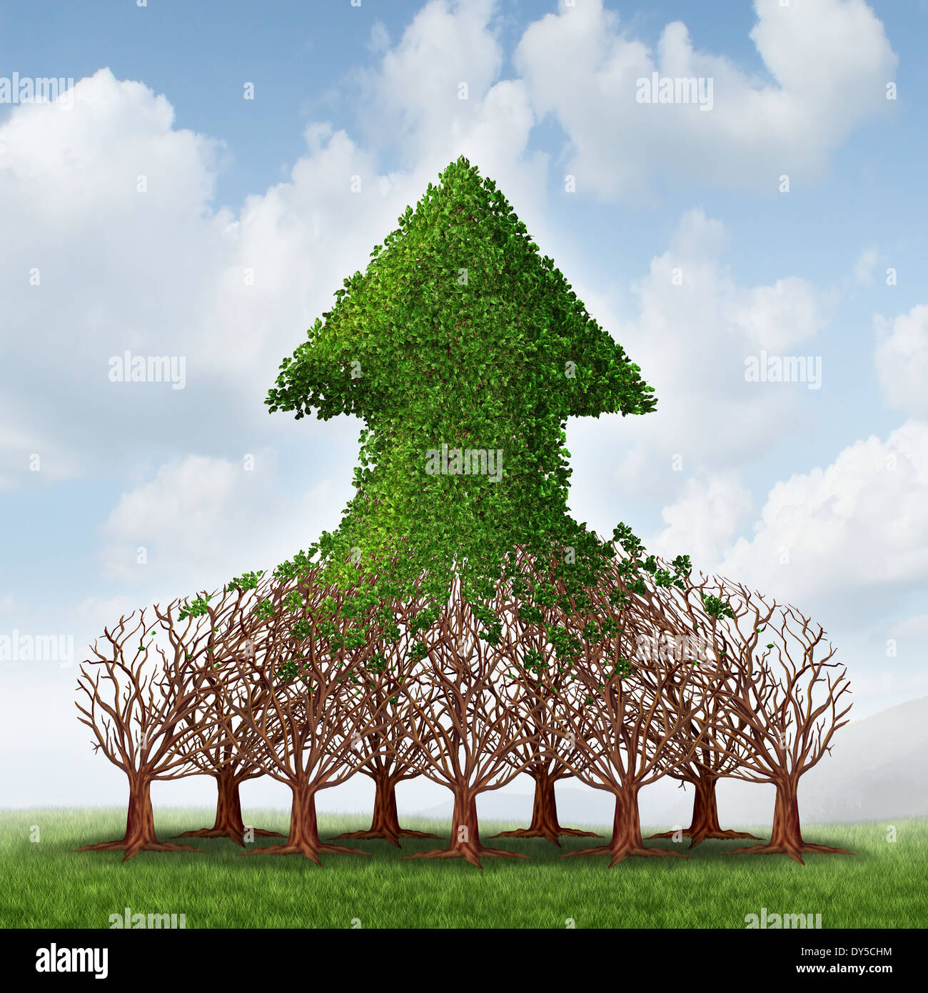 Crescita del team e utile aziendale concetto di affari con un gruppo di alberi crescenti di unire insieme per formare una freccia verso l'alto come il lavoro di squadra metafora di sviluppo per il successo finanziario. Foto Stock