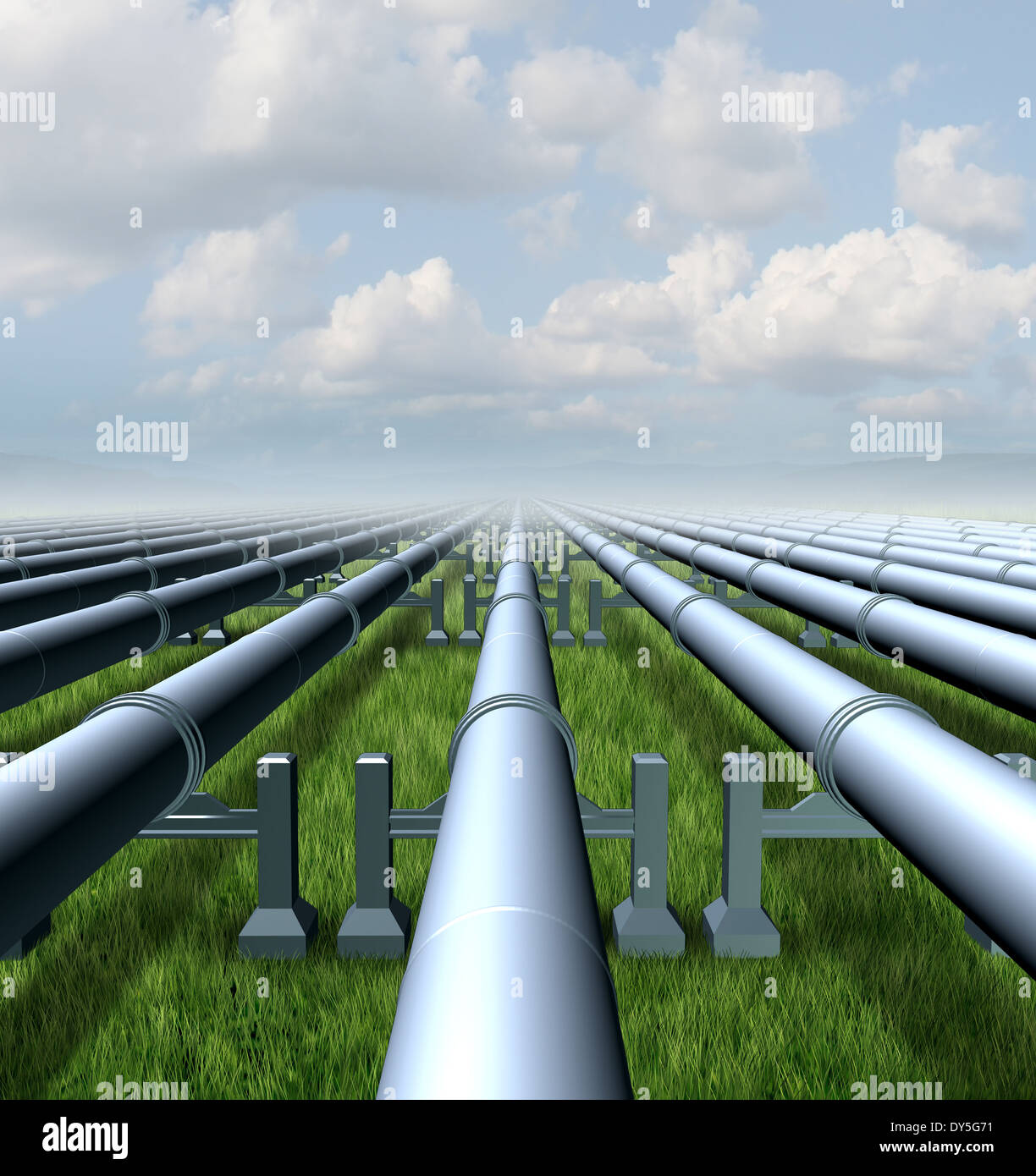Gasdotto nozione come un gruppo di tre dimensionale tubi metallici per il trasporto di liquidi e di energia del combustibile di gas e olio di petrolio prodotti come un simbolo di distribuzione e trasporto di merci di potenza. Foto Stock