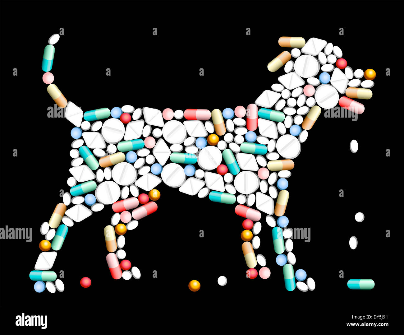 Compresse, pillole e capsule, che forma la silhouette di un cane. Foto Stock