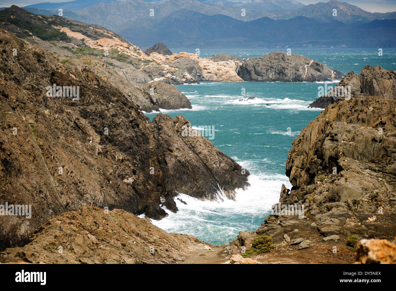 Cap de Creus panoramica costiera in un giorno di tempesta Costa Brava Catalogna Spagna Foto Stock