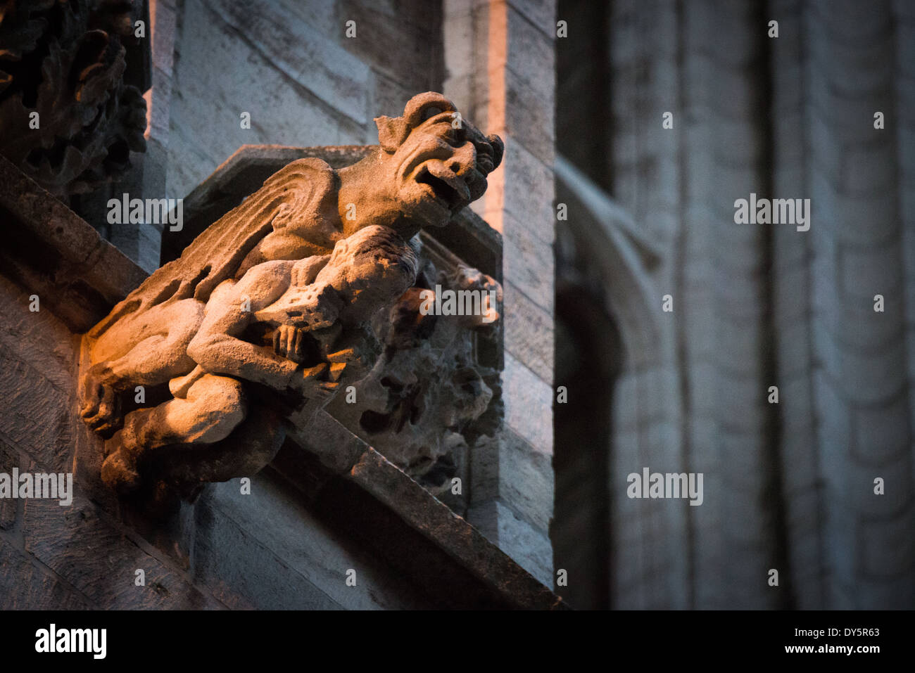 Cattedrale di San Michele e San Gudula Gargoyle Bruxelles Belgio // BRUXELLES, Belgio — Un gargoyle medievale progetti dall'esterno della cattedrale di San Michele e San Gudula, una chiesa cattolica romana che funge da cattedrale nazionale del Belgio. Risalenti al XIII secolo, queste figure in pietra scolpita funzionano sia come elementi decorativi che come pratici beccucci d'acqua che dirigono l'acqua piovana lontano dalle pareti dell'edificio. Il gargoyle esemplifica la sofisticata ingegneria e l'artigianato artistico degli intagliatori di pietra medievali che hanno creato queste figure spesso fantastiche o grottesche. Foto Stock