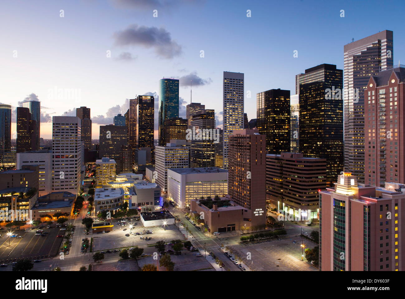 Downtown skyline della città, Houston, Texas, Stati Uniti d'America, America del Nord Foto Stock