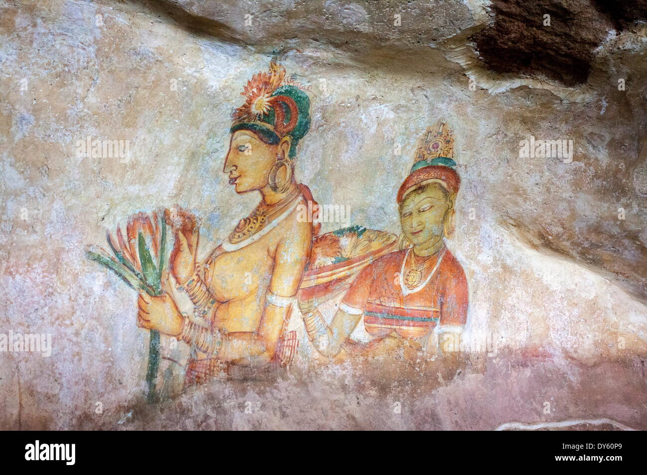 Sigiriya (Lion Rock) affreschi o antiche pitture murali, Sito Patrimonio Mondiale dell'UNESCO, Sri Lanka, Asia Foto Stock