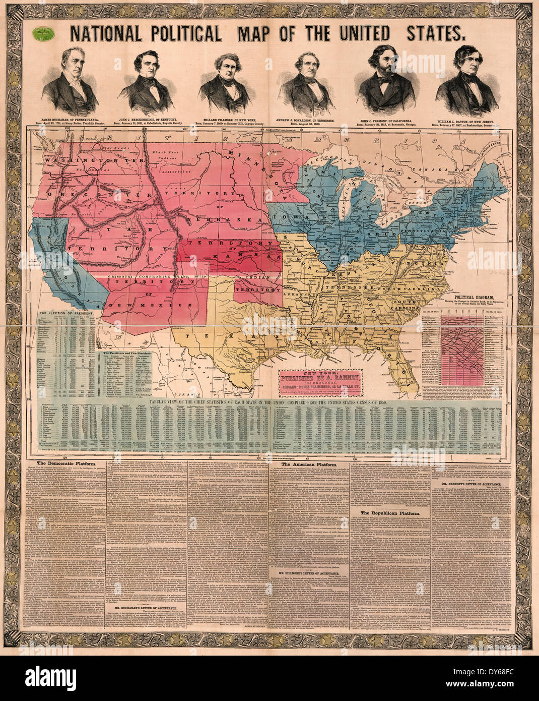 Nazionale mappa politica degli Stati Uniti. 1856 Foto Stock