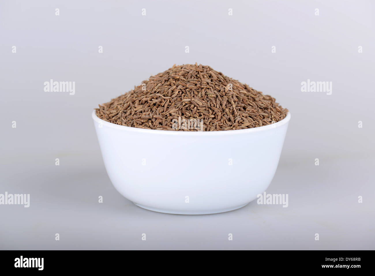 Semi di cumino nella tazza bianca con sfondo bianco Foto Stock