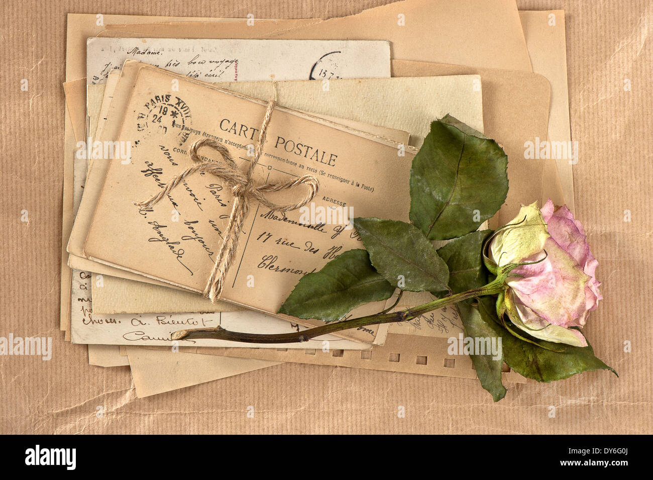 Rosa secca e vecchia lettere. vintage cartoline e buste Foto Stock