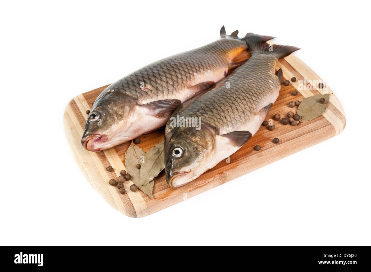 Pesce fresco sul tagliere con spezie su sfondo bianco Foto Stock