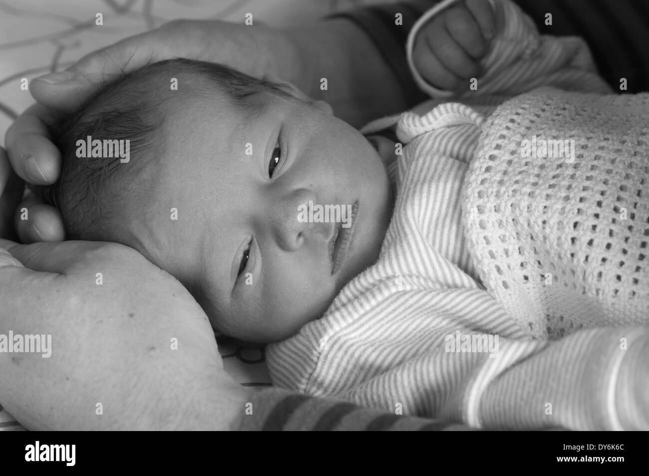 Immagine ritagliata in bianco e nero di padre che accarezza la testa delle sue neonato bambine Foto Stock