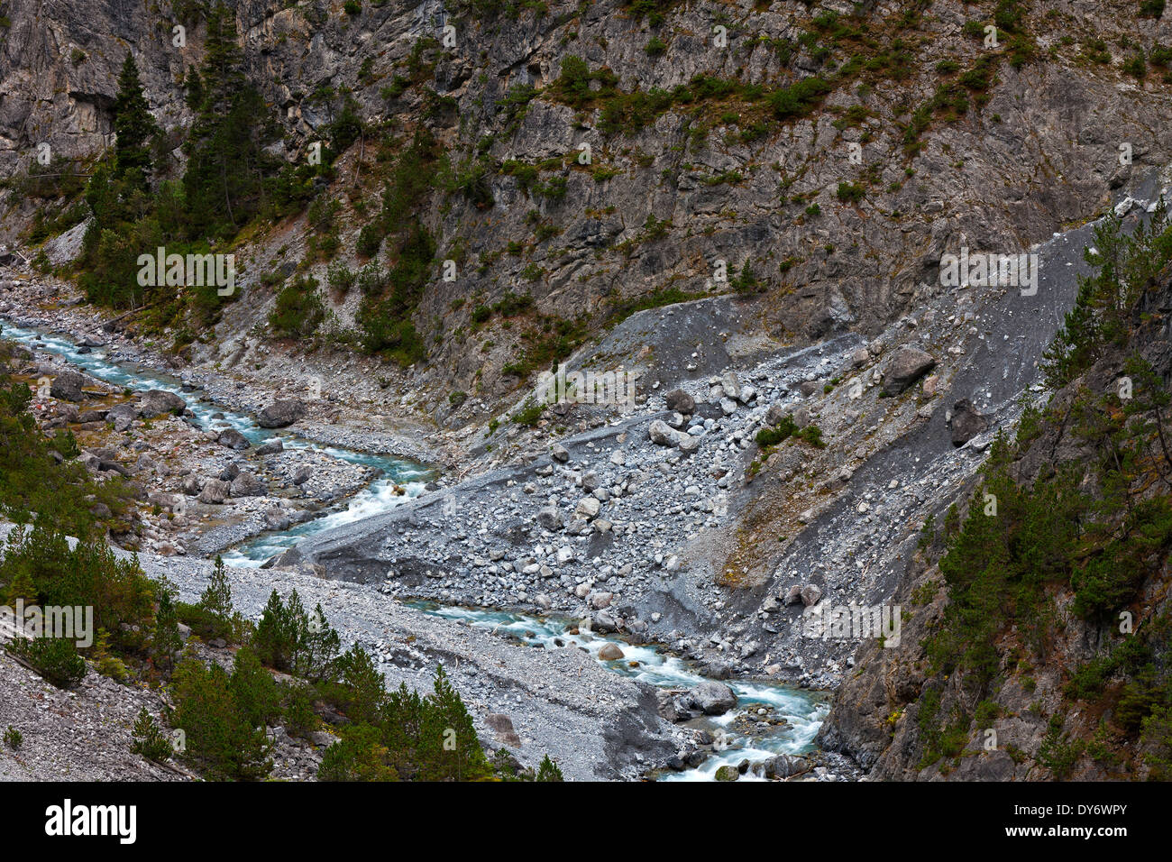 Torrente di montagna in esecuzione nella gola Clemgia nelle montagne del Parco Nazionale Svizzero a Graubünden / Grigioni, Alpi della Svizzera Foto Stock