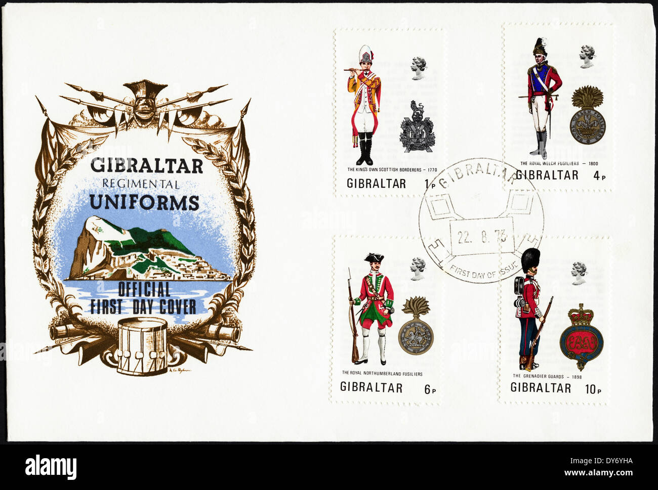 Prima commemorative day cover Gibilterra francobolli Regimental uniformi con timbro postale 22 Agosto 1973 Foto Stock