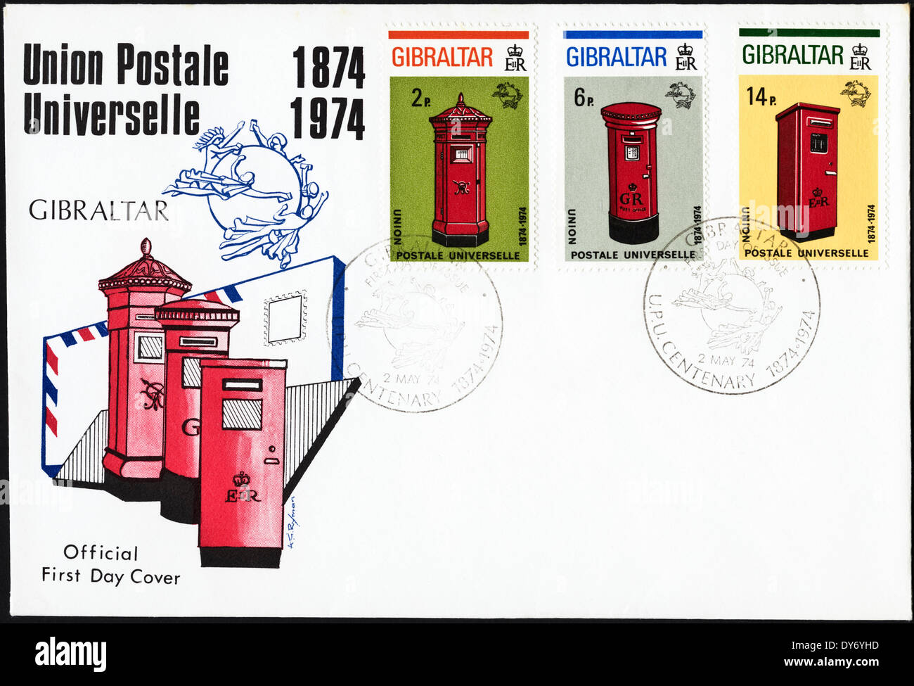 Prima commemorative day cover Gibilterra francobolli centenario dell'Unione postale universale 1874 - 1974 con timbro postale 2 Maggio 1974 Foto Stock