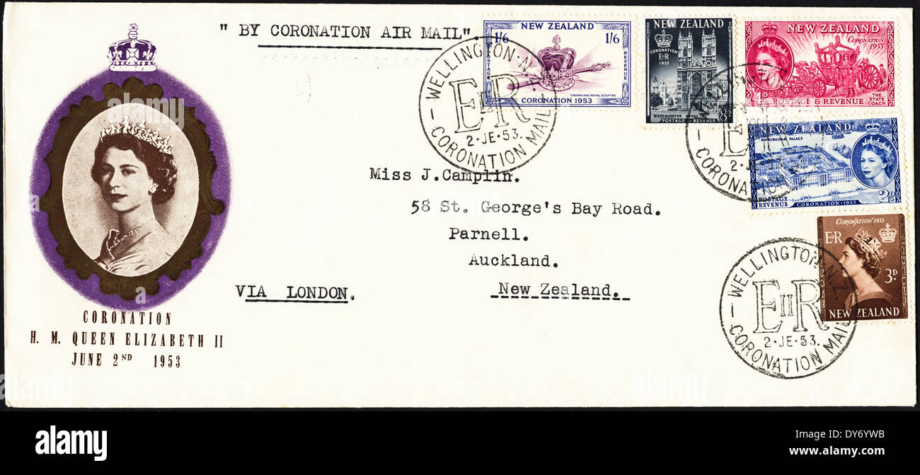 Prima commemorative day cover Nuova Zelanda francobolli incoronazione della Regina Elisabetta II con timbro postale Wellington 2 Giugno 1953 Foto Stock