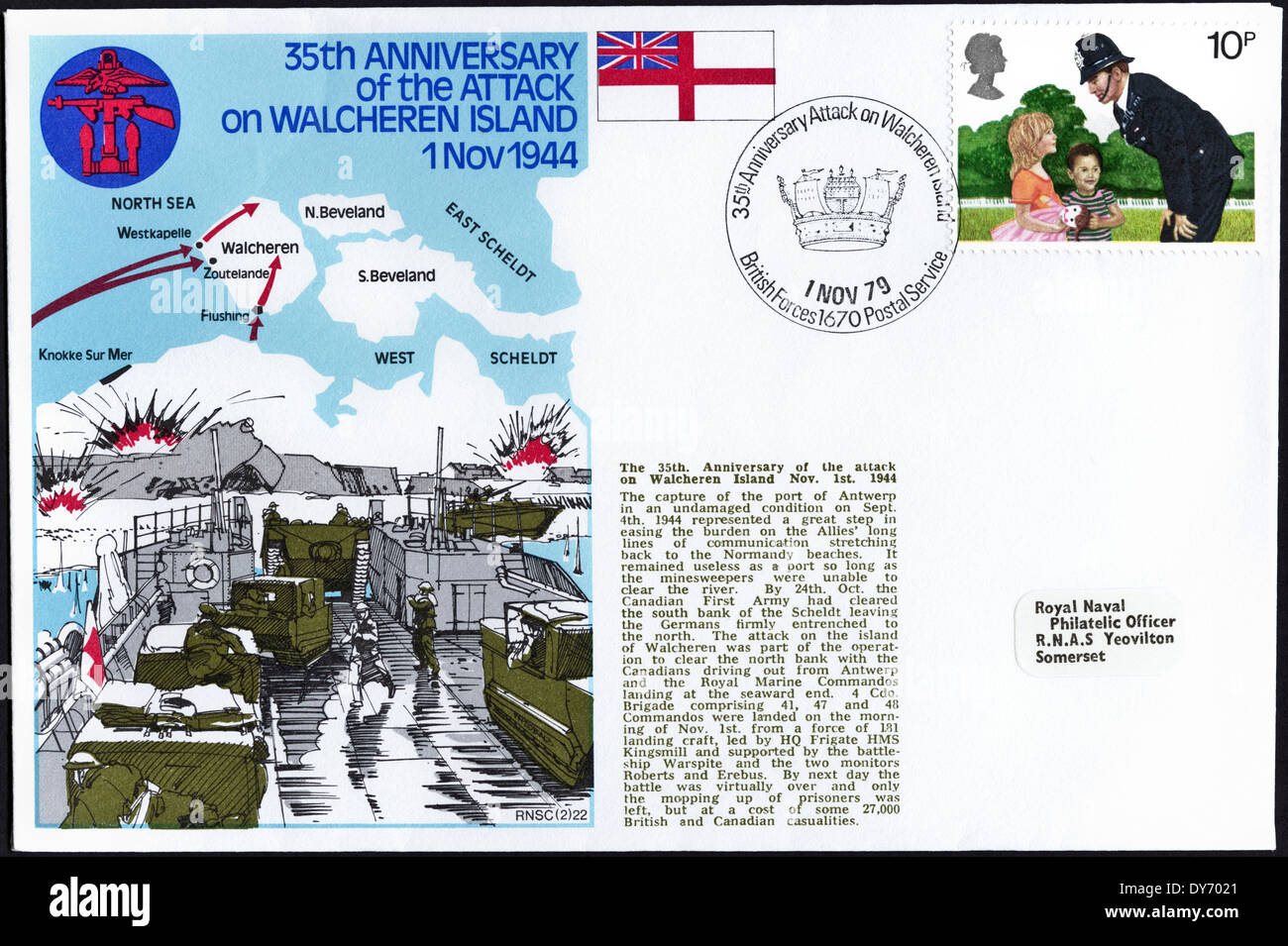 Coperchio commemorativa Regno Unito francobolli trentacinquesimo anniversario dell'attacco all'isola di Walcheren WW2 con timbro postale le forze britanniche Servizio Postale 1 Novembre 1979 Foto Stock