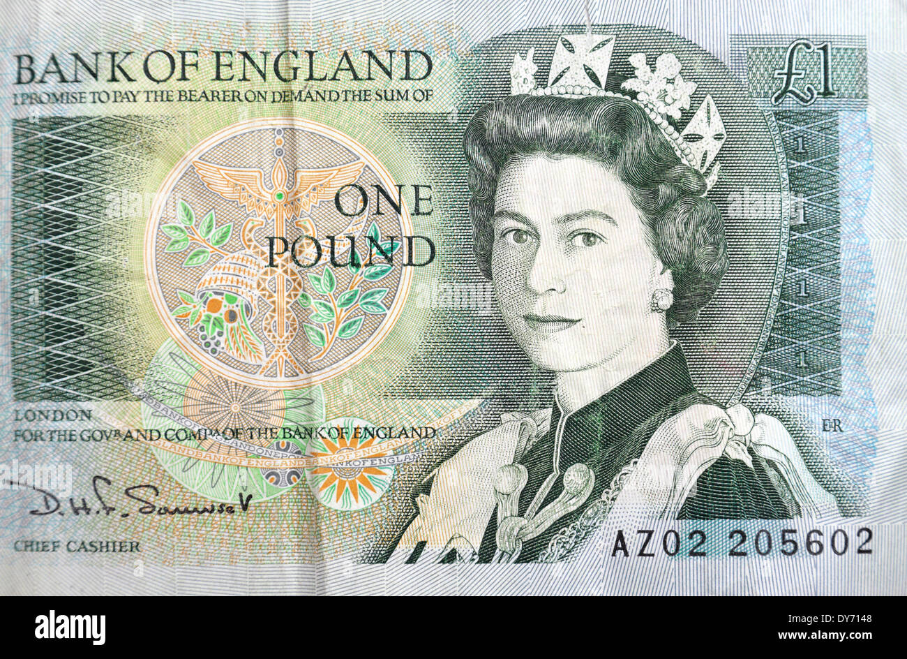 Una nota inglese usata £1 (una libbra) emessa tra il 9 febbraio 1978 e il 11 marzo 1988. Foto Stock