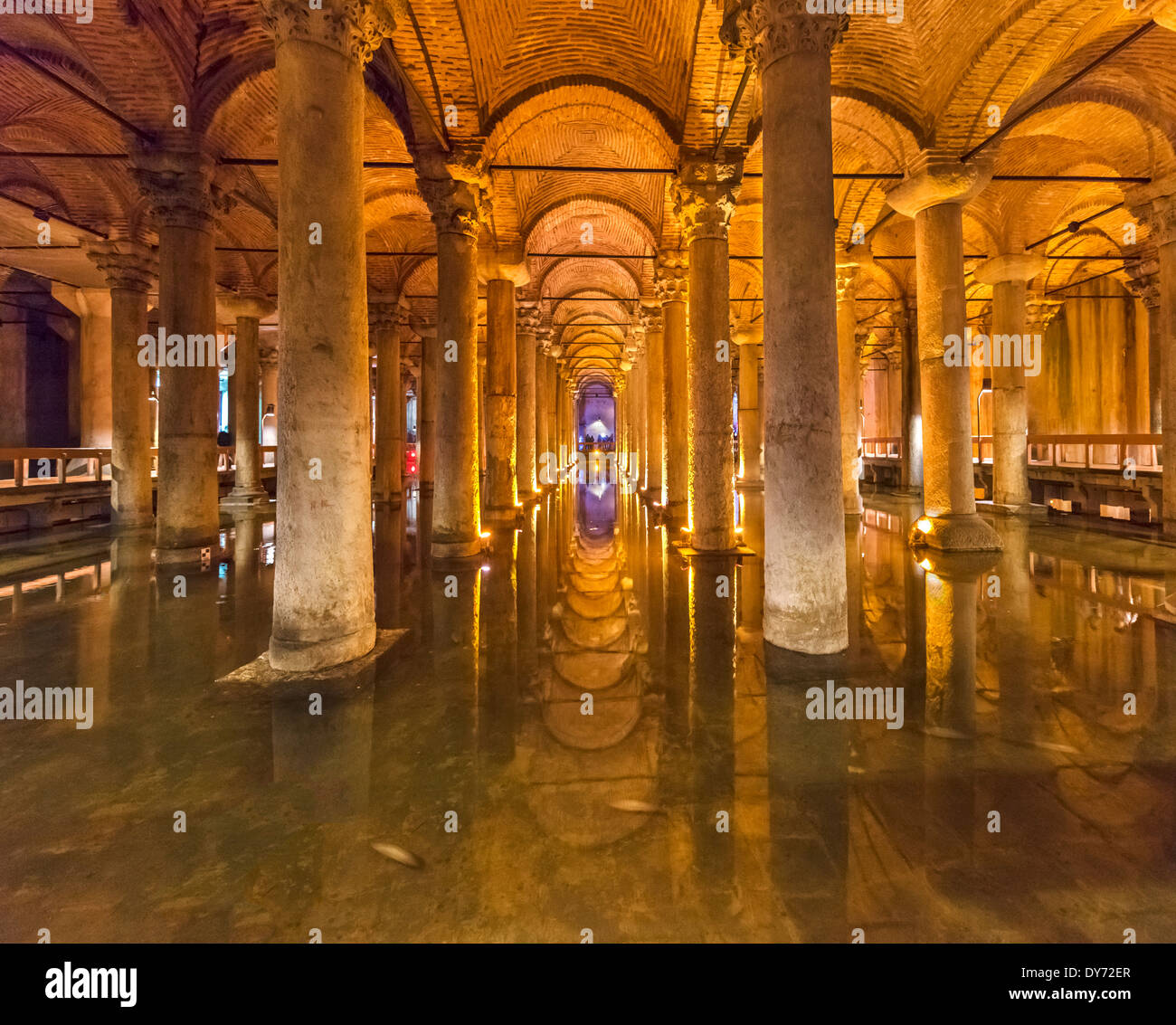 La Yerebatan Sarnici (Sunken o Cisterna Basilica Cisterna), con carpa in primo piano, quartiere di Sultanahmet, Istanbul, Turchia Foto Stock
