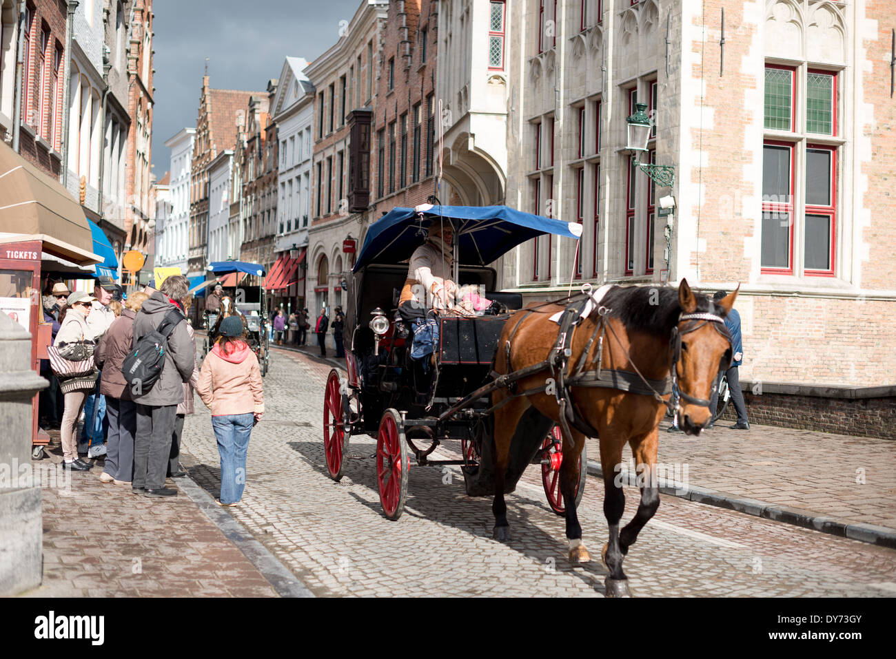 BRUGES, Belgio - i turisti visitano le strade acciottolate del centro storico di Bruges in una carrozza trainata da cavalli. L'architettura medievale e i sereni canali modellano il paesaggio urbano di Bruges, spesso chiamato "la Venezia del Nord". Essendo una città patrimonio dell'umanità dell'UNESCO, Bruges offre ai visitatori un viaggio nel passato dell'Europa, con i suoi edifici ben conservati e le strade acciottolate che riflettono la ricca storia della città. Foto Stock