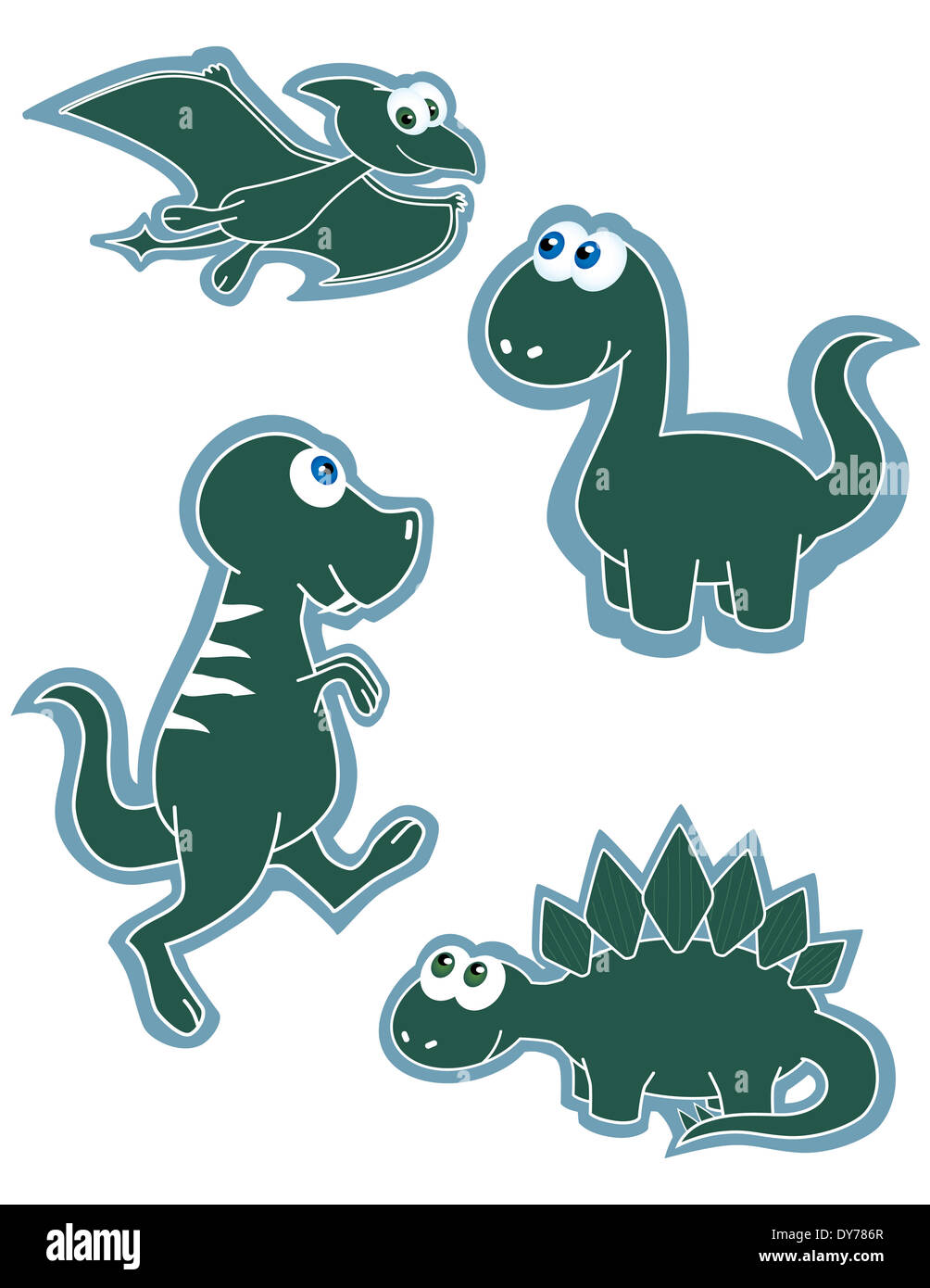Raccolta di quattro verde simpatico cartoon dinosauri con supporto Blu dietro di loro. Isolato su bianco Foto Stock
