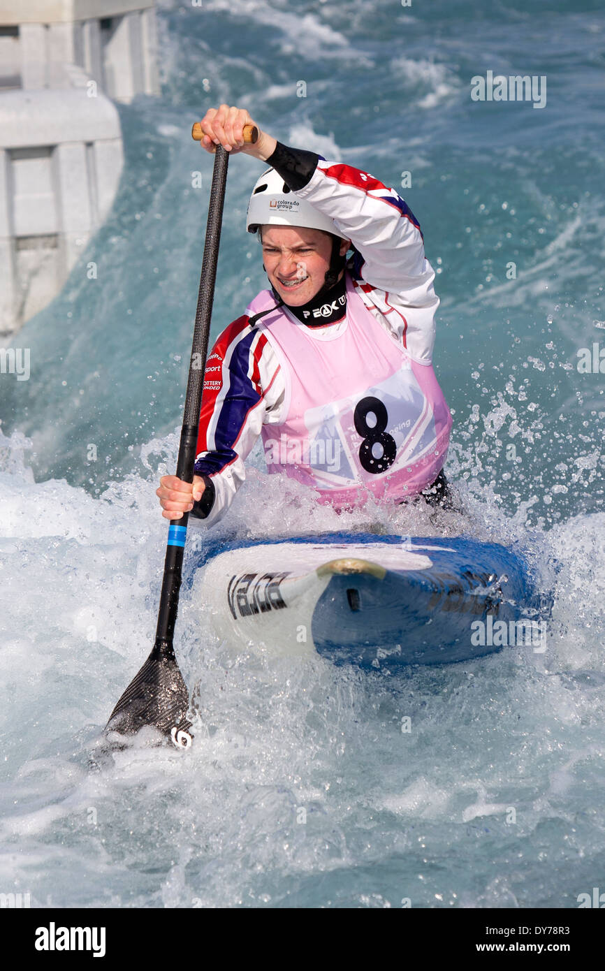Rachel Houston, Semi-Final C1 donna GB di Canoa Slalom 2014 prove di selezione Lee Valley White Water Centre di Londra, Regno Unito Foto Stock