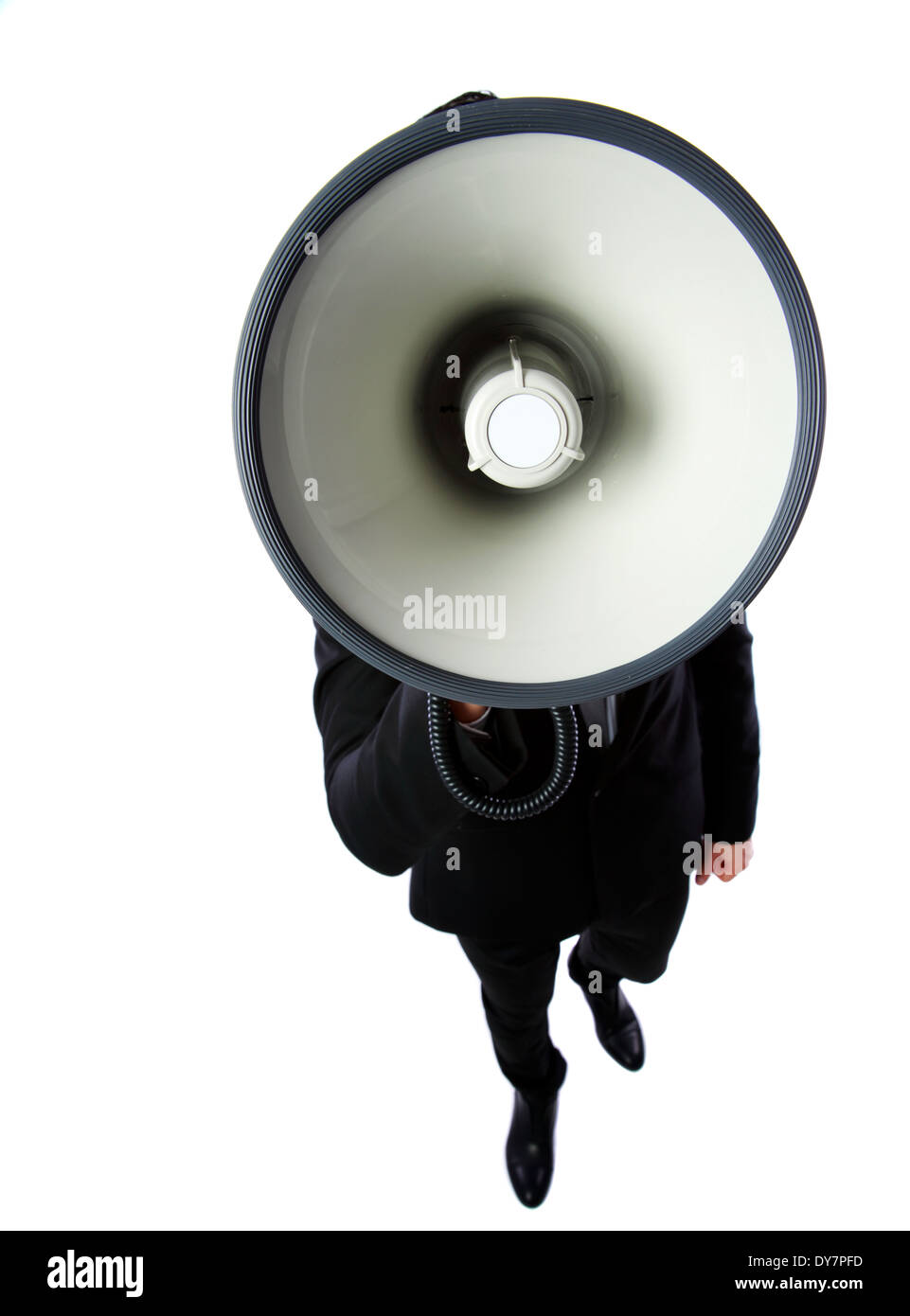 Imprenditore con megafono isolato su uno sfondo bianco Foto Stock