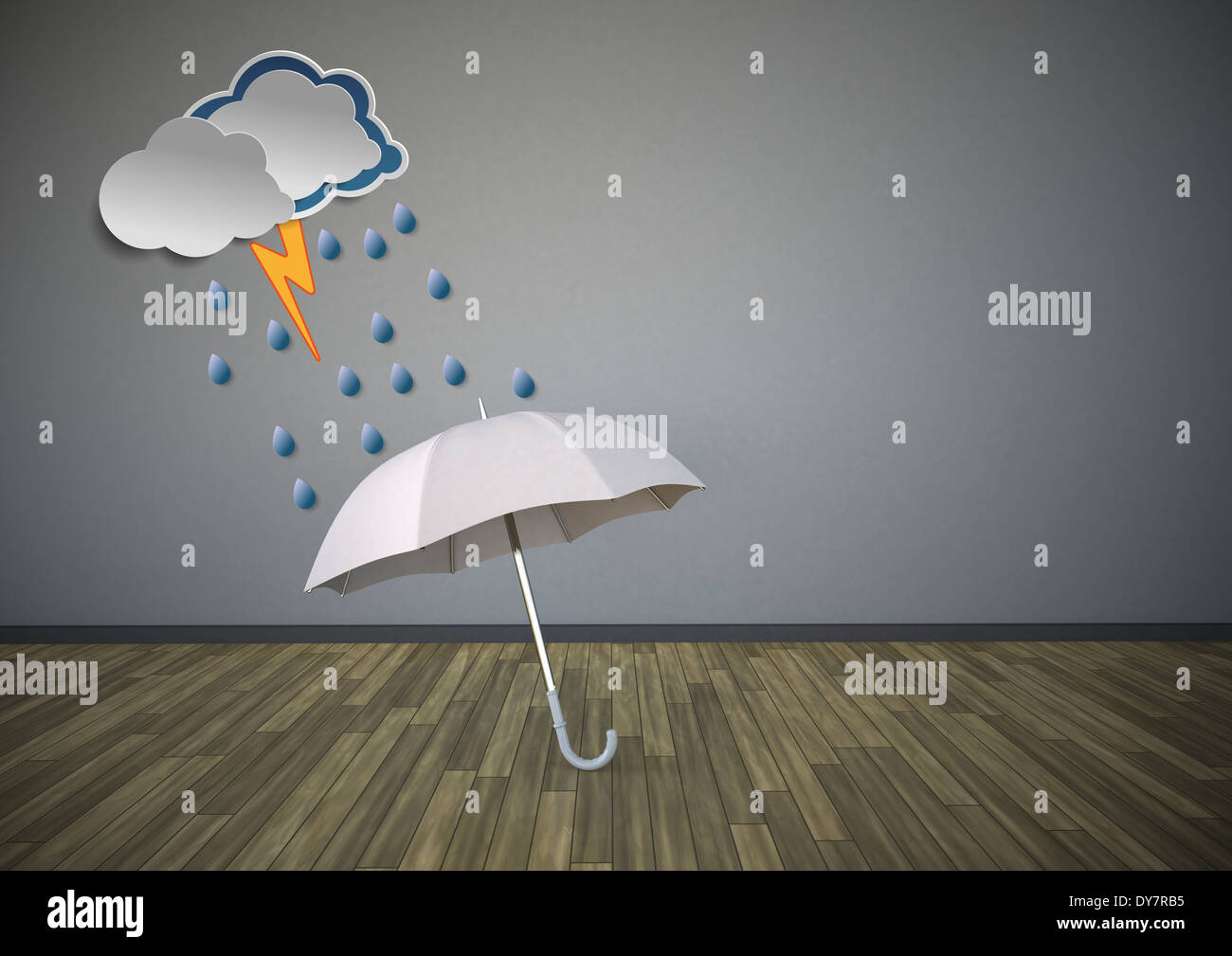 Illustrazione di ombrello con thundercloud in una stanza Foto Stock