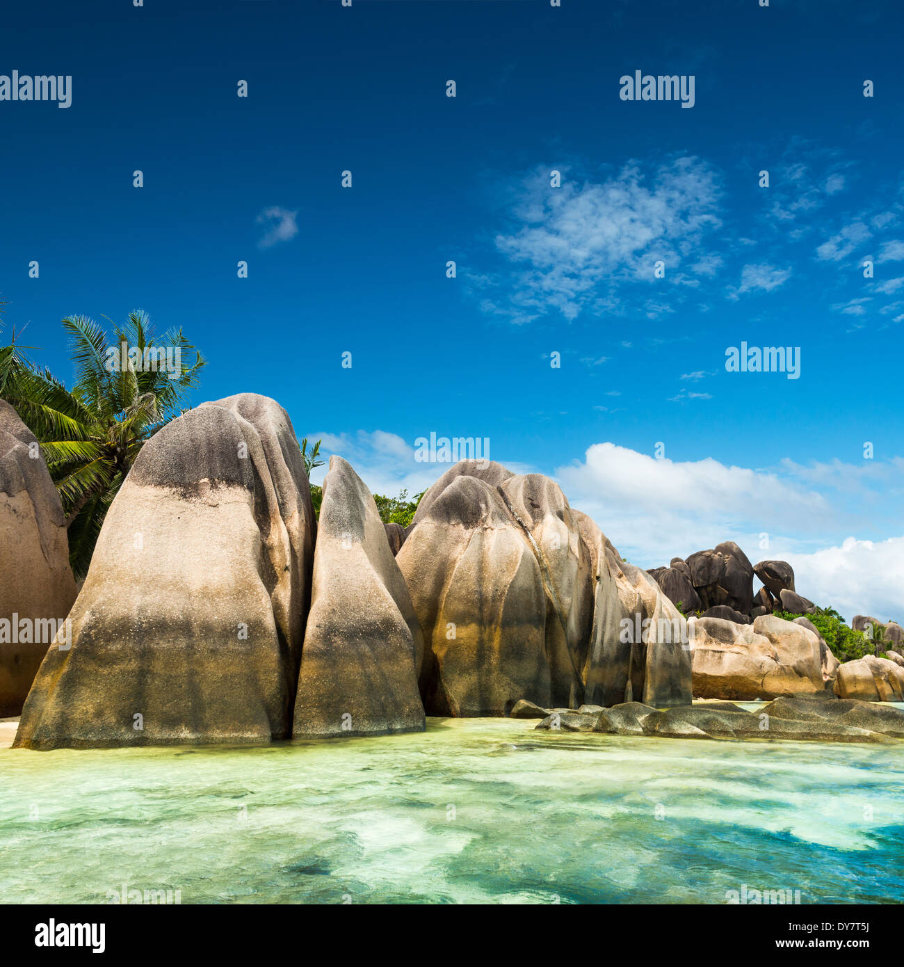 Anse Sous d'Argent spiaggia con massi di granito e mare turchese Foto Stock