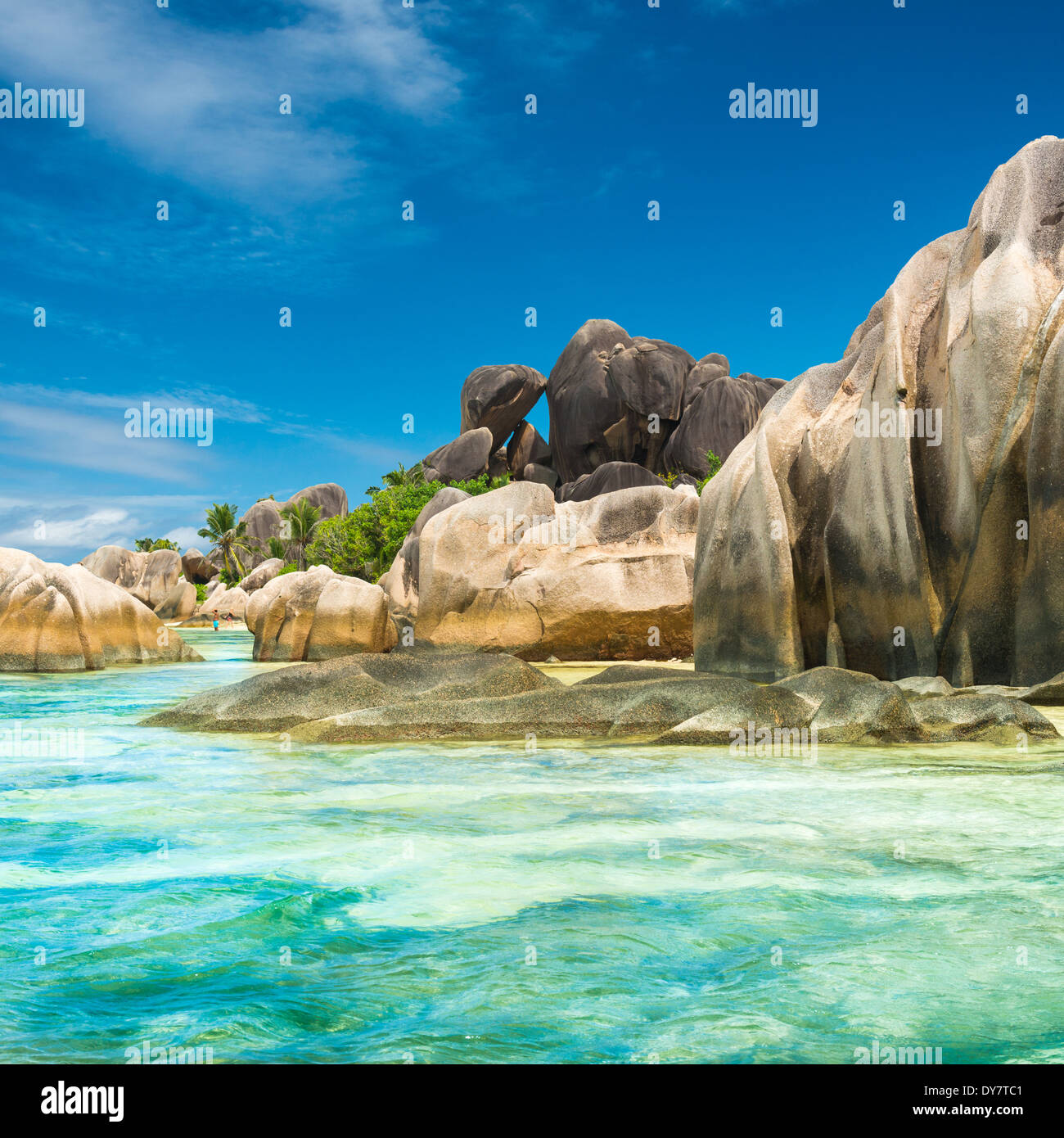Anse Sous d'Argent spiaggia con massi di granito e mare turchese Foto Stock
