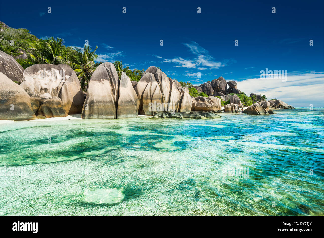 Anse Sous d'Argent spiaggia con massi di granito e mare turchese Foto Stock