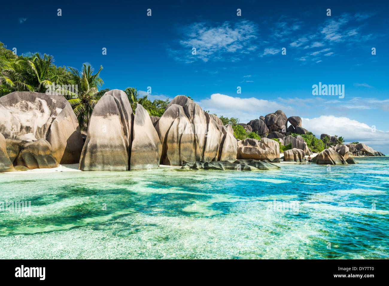 Anse Sous d'Argent spiaggia con massi di granito e mare turchese Foto Stock