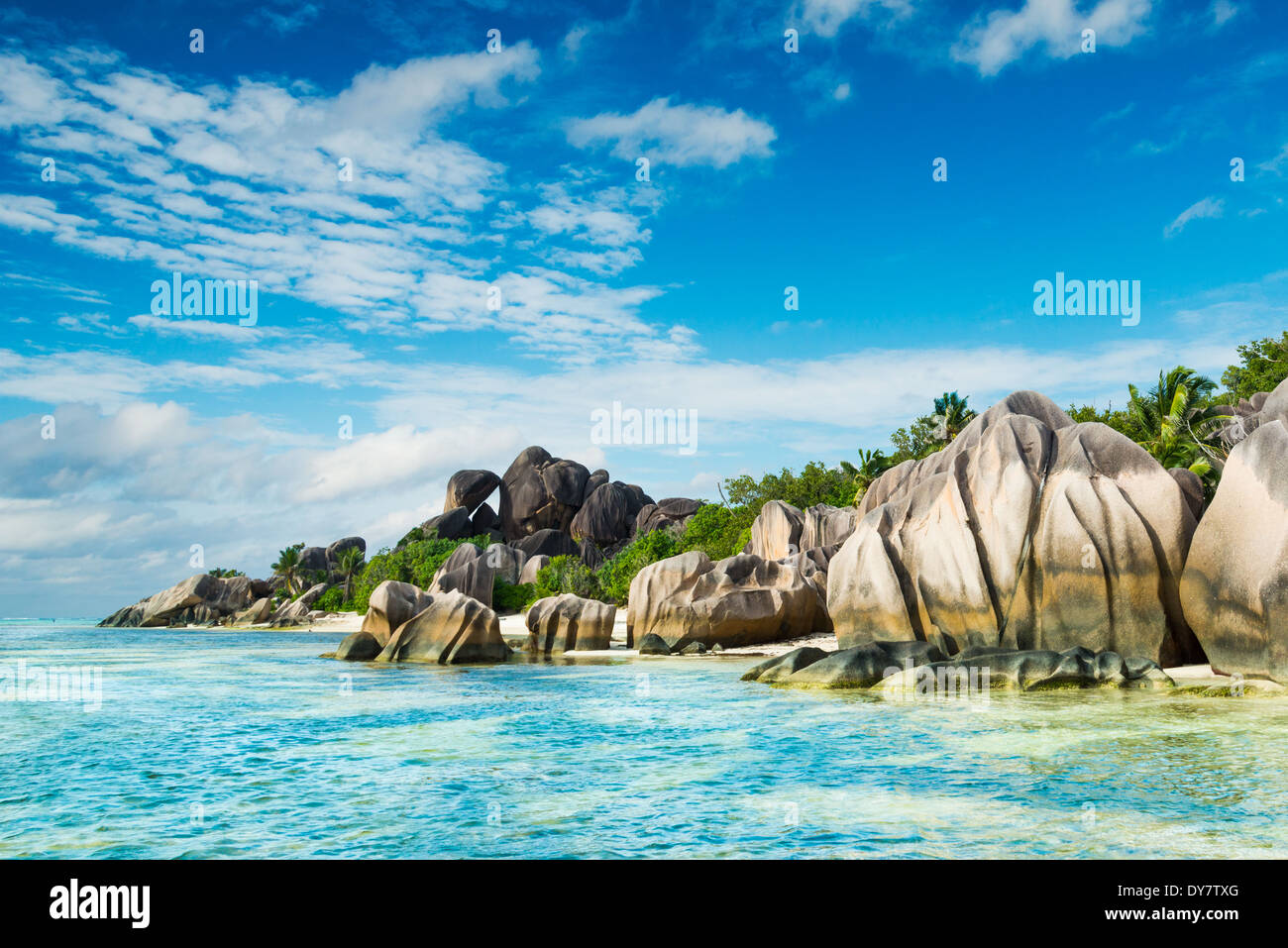 Anse Sous d'Argent spiaggia con massi di granito e mare turchese Foto Stock