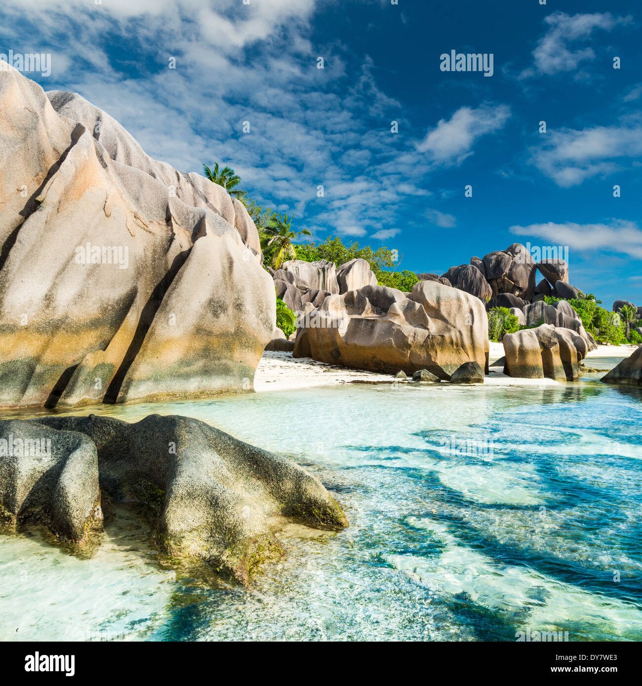 Anse Sous d'Argent spiaggia con massi di granito e mare turchese Foto Stock