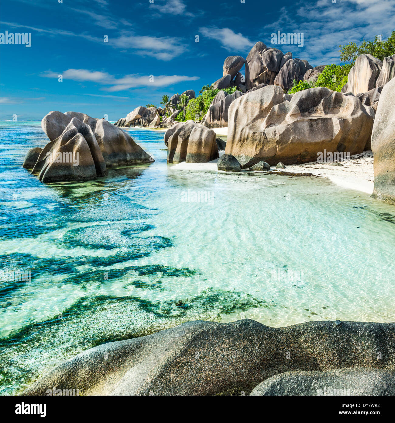 Anse Sous d'Argent spiaggia con massi di granito e mare turchese Foto Stock