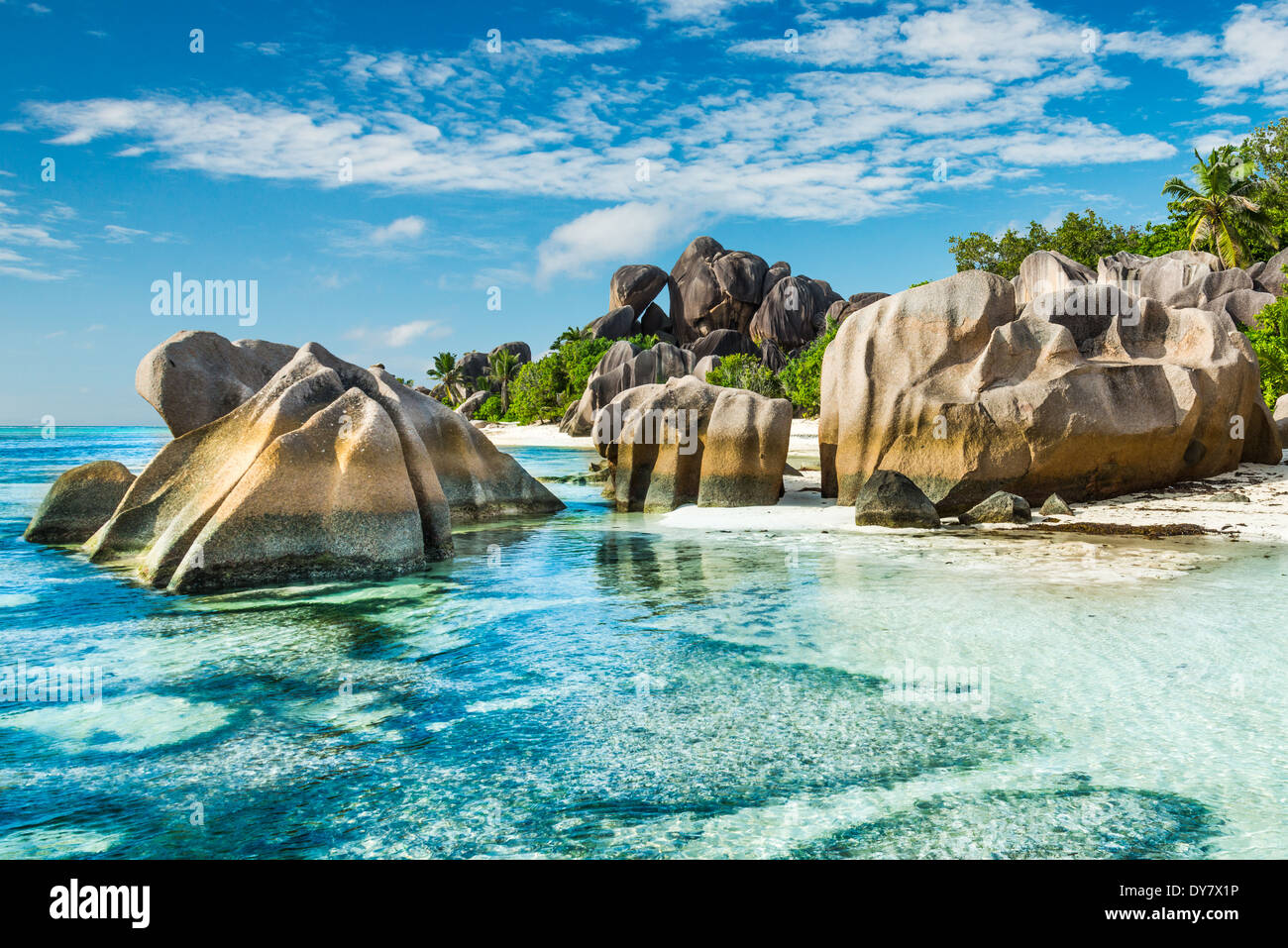 Anse Sous d'Argent spiaggia con massi di granito e mare turchese Foto Stock